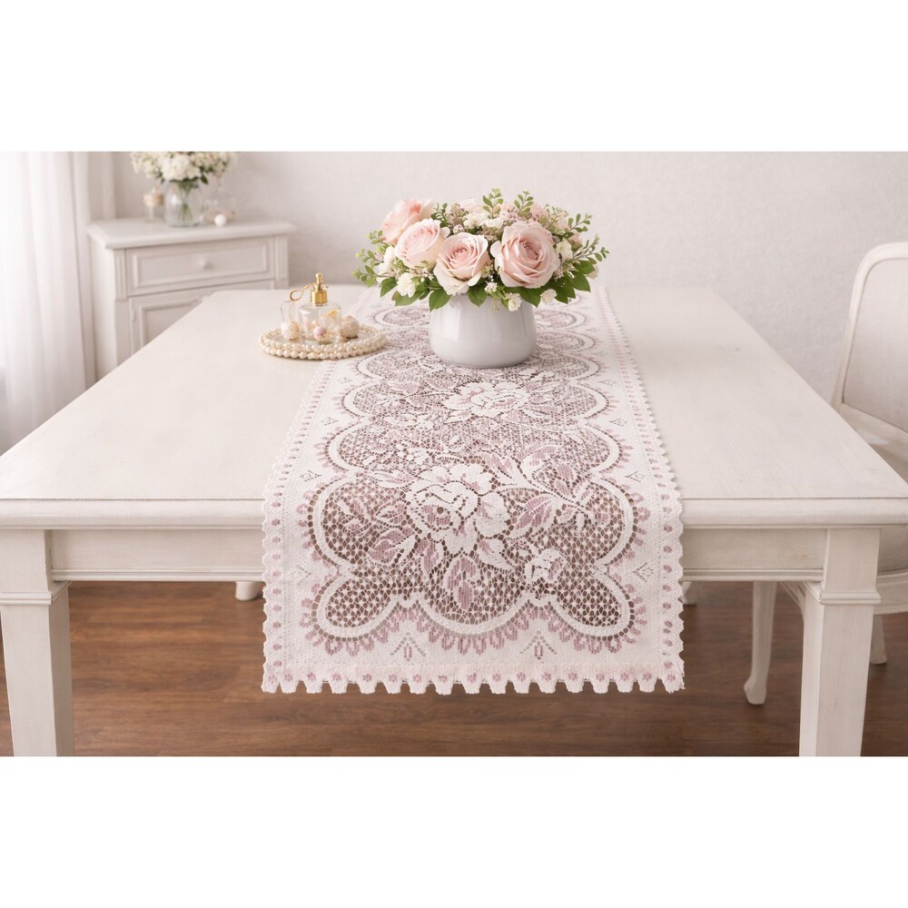 Bess Lace Table Runner Pink Floral Lace Cottagecore Farmhouse Decor 13x54 NEW